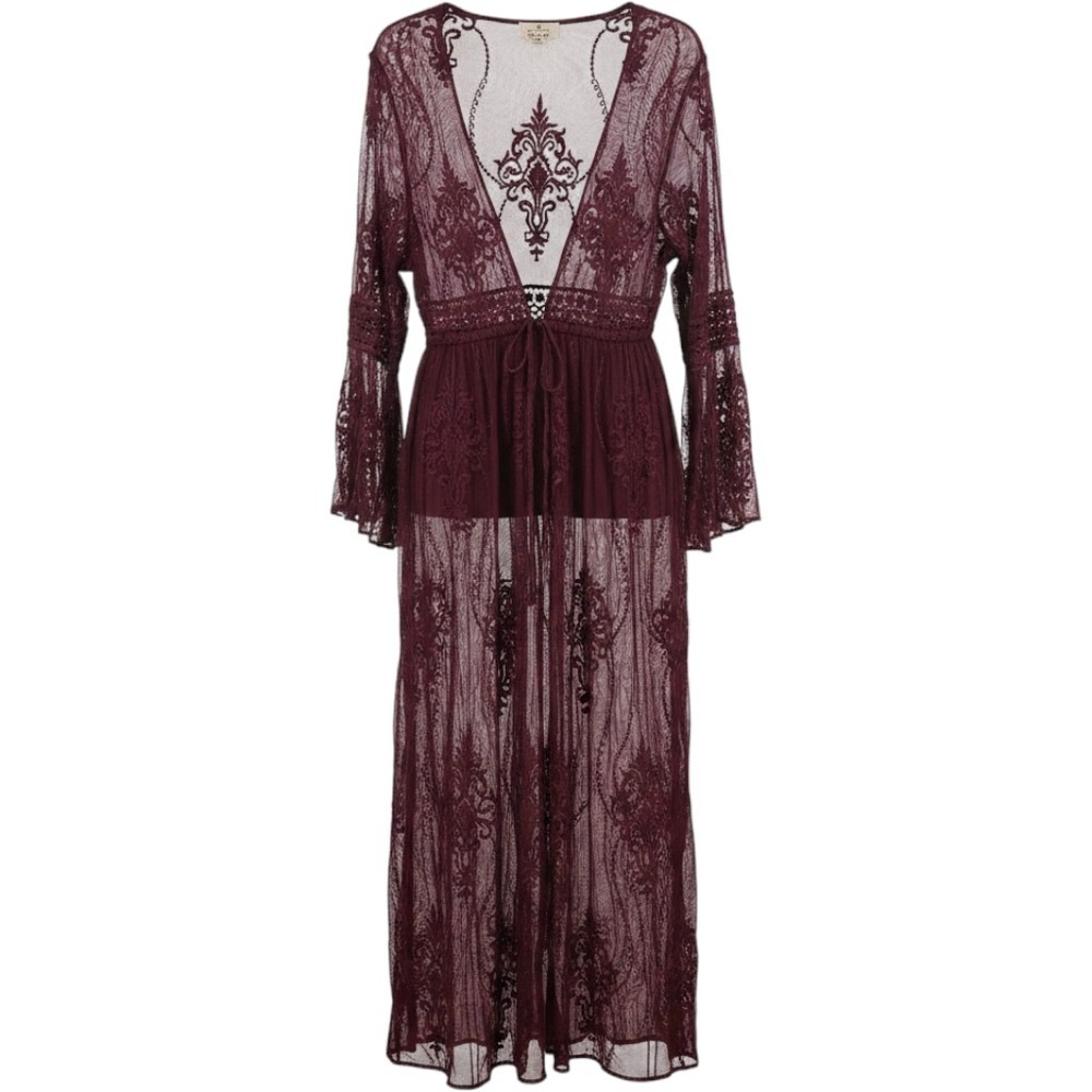 Ember Lace Duster Cardigan M Burgundy Embroidered Whimsygoth Boho ST8460